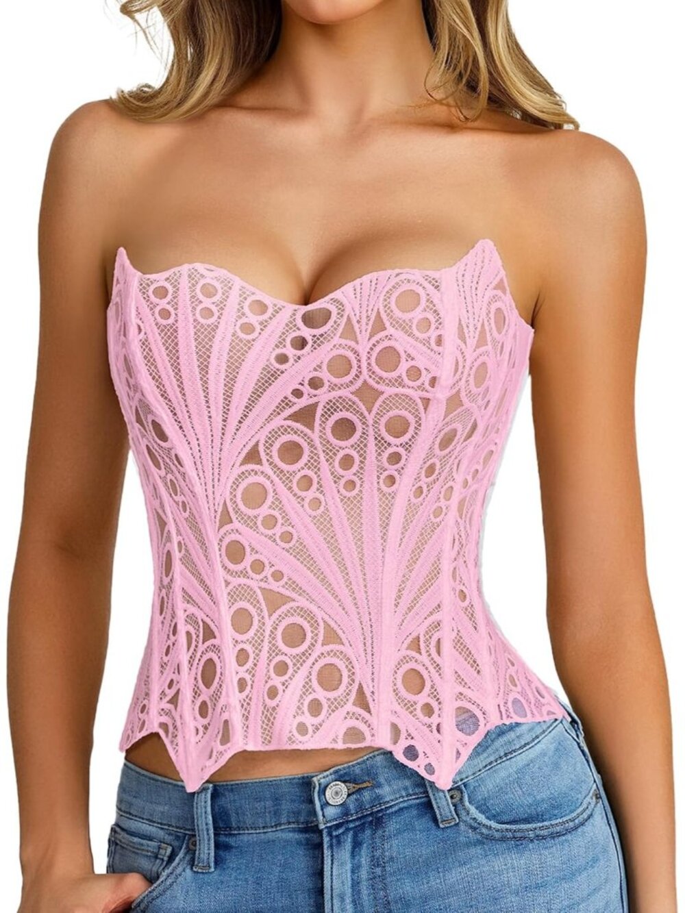 Women's Pink Lace-Up Bustier Boned Lace Strapless Classic Halloween Corset Top